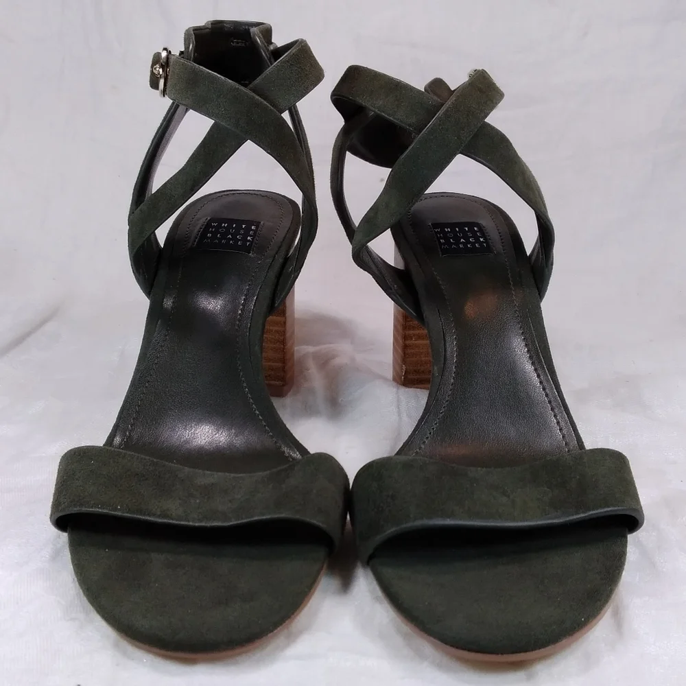 White House Black Market Marlo Olive Suede SANDALS Womens Size 6.5M Chunky Heels - Picture 2 of 12